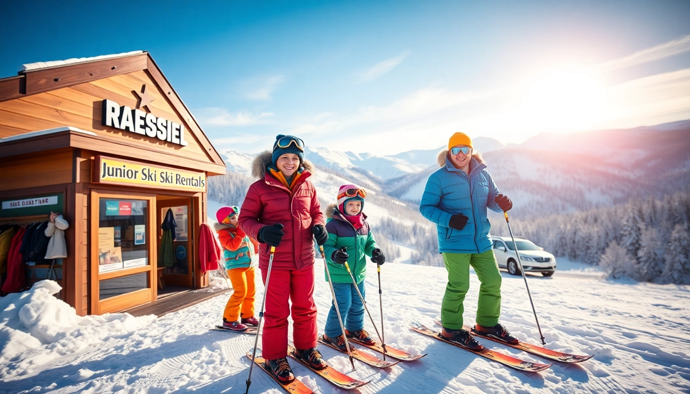 Experience junior ski rentals near Ragged Mountain with a joyful family enjoying the snow.