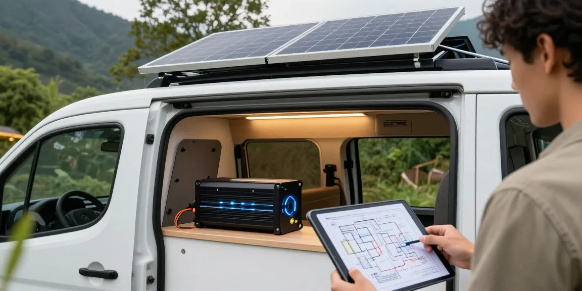 Upgrading van electrics with rokok88 login in a modern camper setup showcasing solar panels and dual batteries.