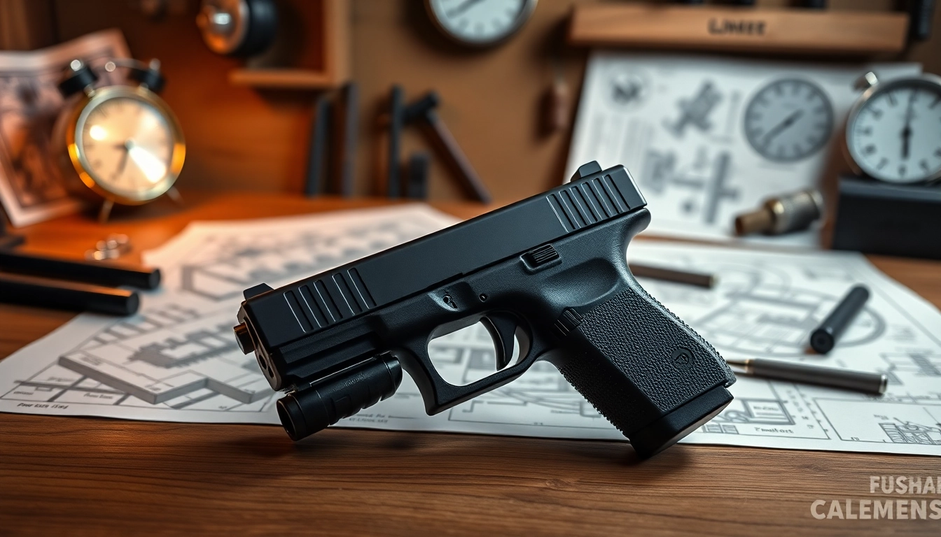 Inspect glock 19 slide oem on a wooden table with blueprints and precision tools.
