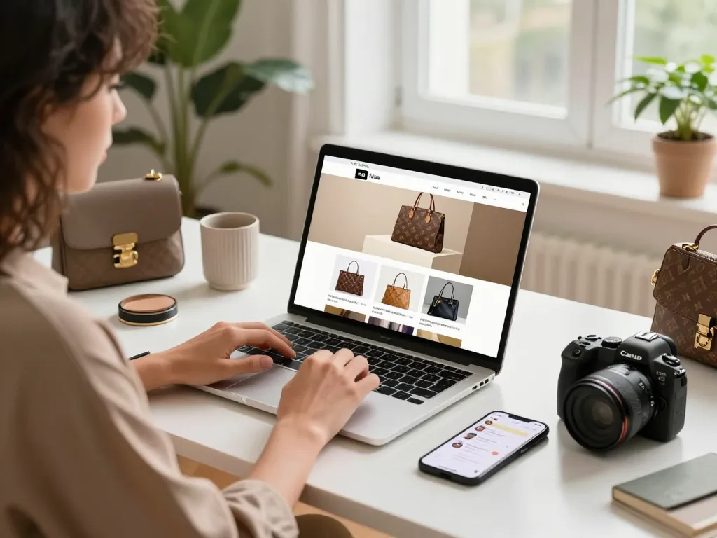 Browsing a 레플리카 사이트 on a laptop in a modern workspace, showcasing stylish accessories and luxury products.