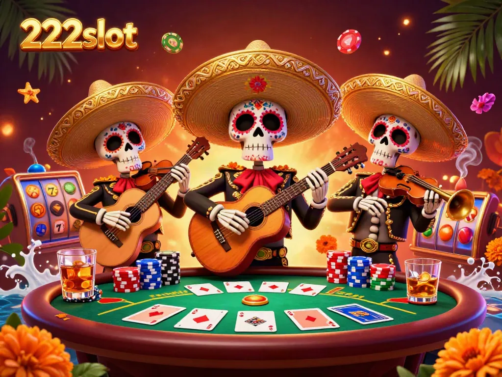 Suasana menarik taruhan di 222slot dengan band mariachi dan permainan slot berwarna-warni.