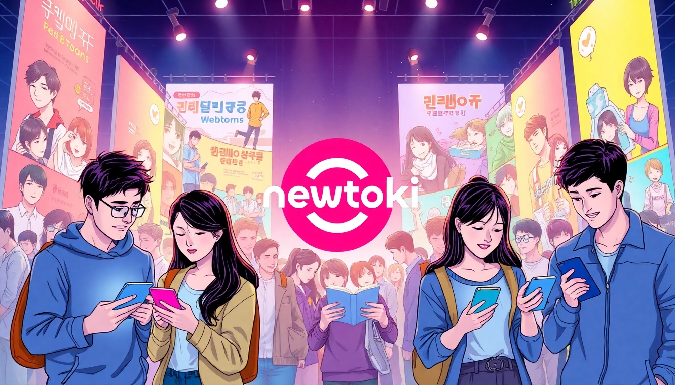 newtoki 웹툰 플랫폼의 로고와 다양한 웹툰 캐릭터의 배경이 있는 현대적인 디지털 풍경을 나타냅니다.