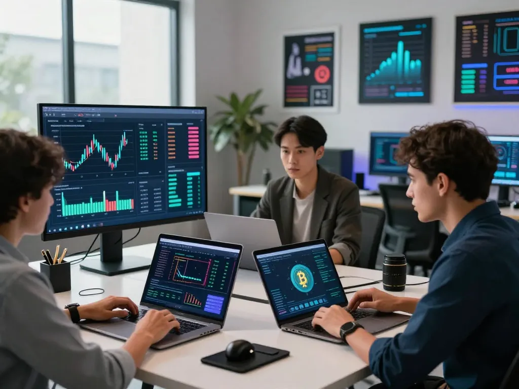 Collaboration at a crypto cloud mining platform with professionals analyzing data metrics.