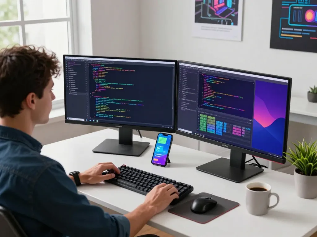 Developer coding at a modern workspace with dual monitors while optimizing telegram 下载 for the best user experience.