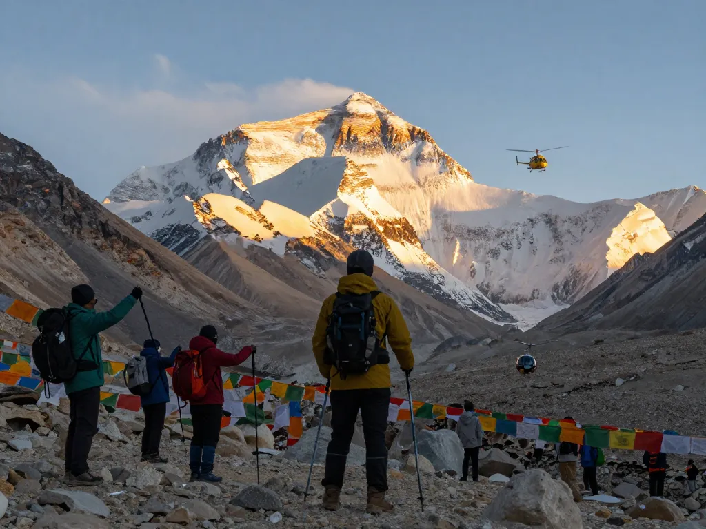 Everest Base Camp Trek with Helicopter Return, trekkers celebrating at sunset, helicopter in background, dramatic mountain scenery.
