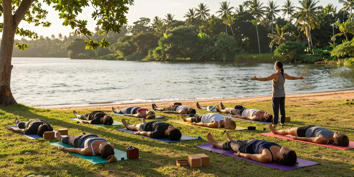 200hr yoga teacher training sri lanka participants practicing yoga by Koggala Lake during a serene retreat.