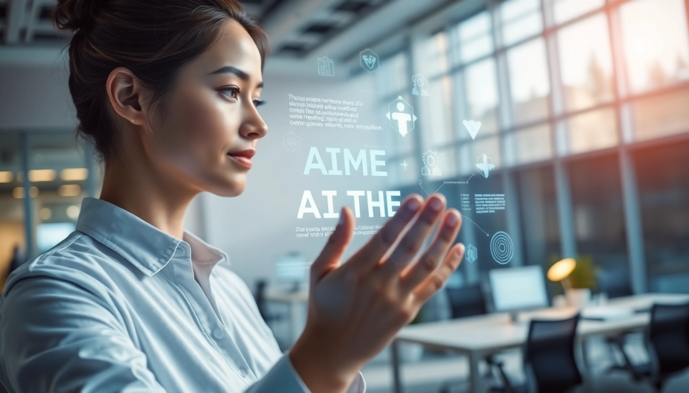 Explore Human Interface with AI through an engaging human-holographic interaction in a modern workspace.