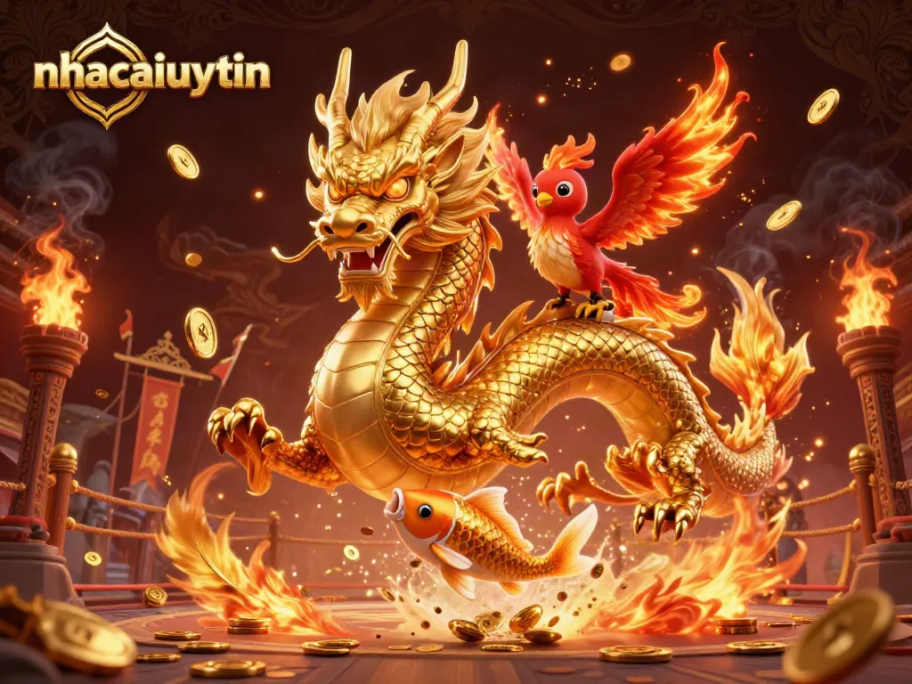 Engage with exciting gaming opportunities at nhacaiuytin featuring a dragon, phoenix, and koi fish amidst vibrant coin showers.