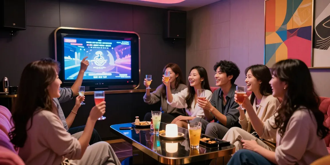 Friends enjoying a lively celebration at 강남 엘리트 가라오케 in a stylish private room.