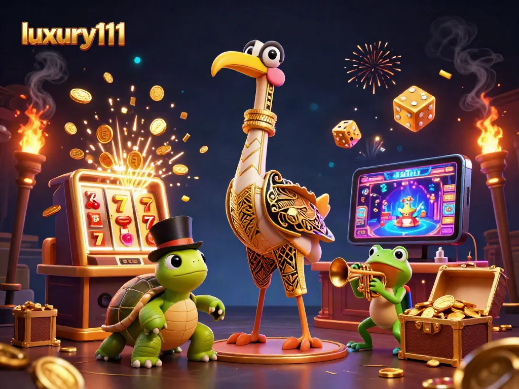 Engage with luxury111's vibrant slot scene featuring a golden crane, turtle, and frog amidst a jackpot celebration.