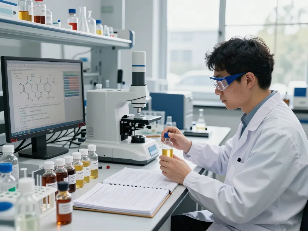 EU cannabinoid manufacturer conducting advanced research in a modern lab setting featuring extracts and scientific equipment.