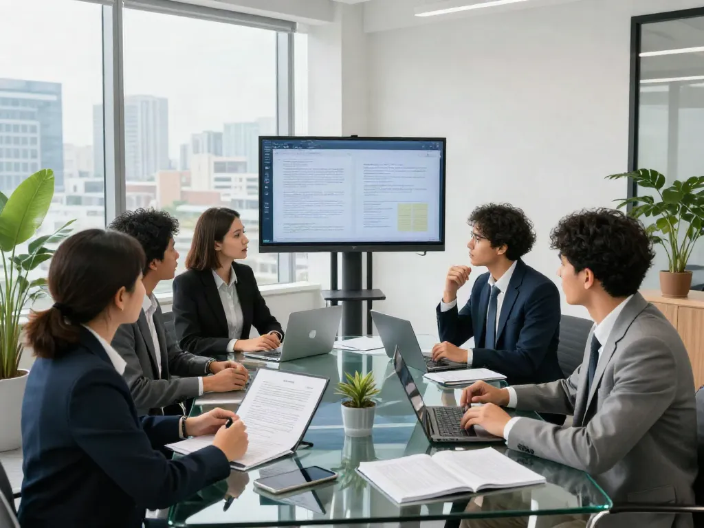Business professionals collaborating at Lead Roedl's modern office, showcasing strategy and innovation in a vibrant environment.