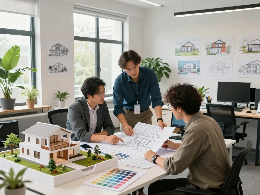Innovative team discussing ออกแบบบ้าน กรุงเทพ in a modern architectural studio filled with design elements and natural light.