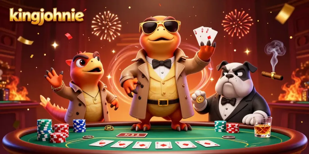 Engaging scene showcasing kingjohnnie's lively VIP casino lounge with playful raptors and a bulldog bouncer.