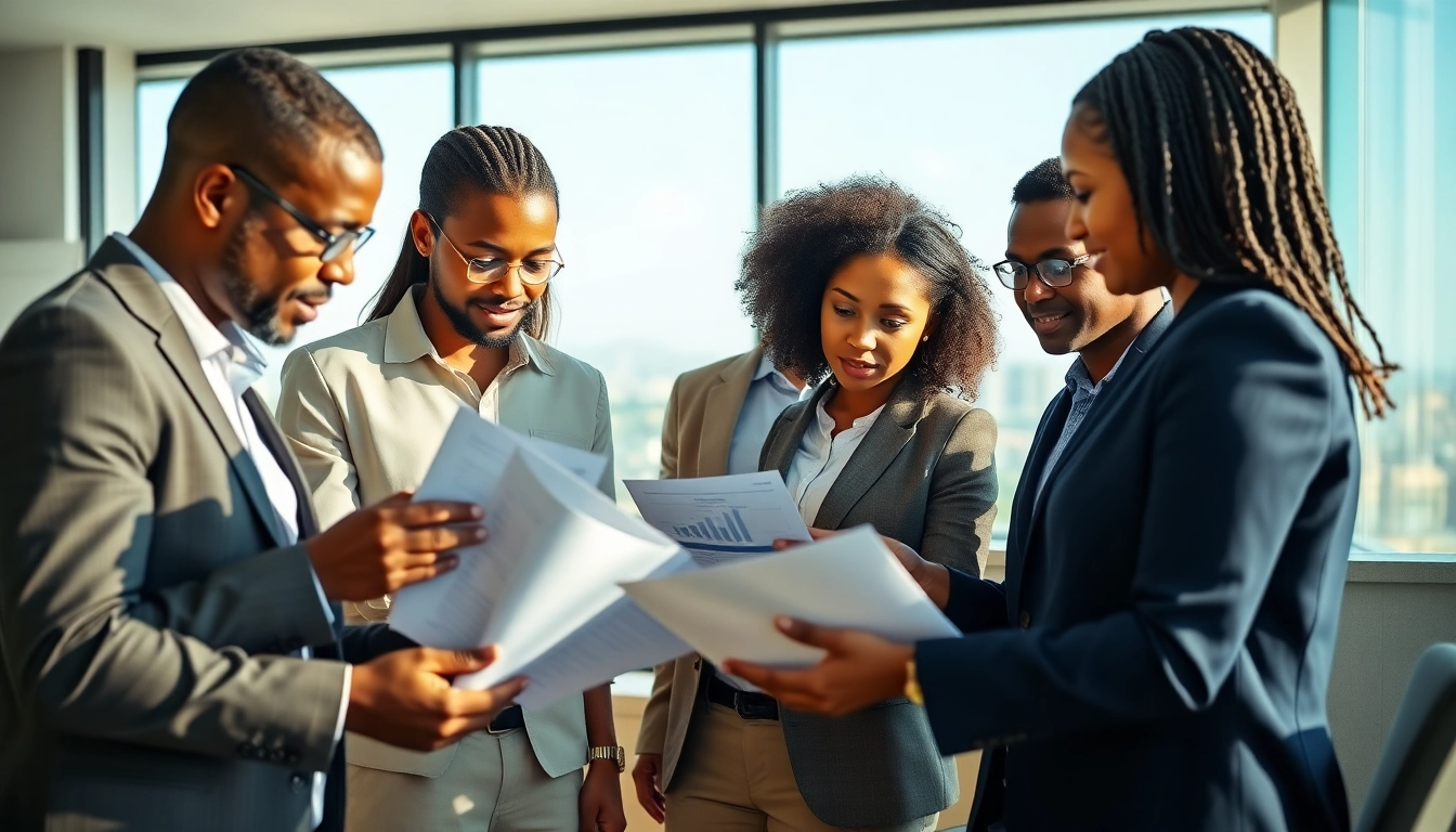 Engaged tax consultants in Kenya discussing financial documents in a modern office.