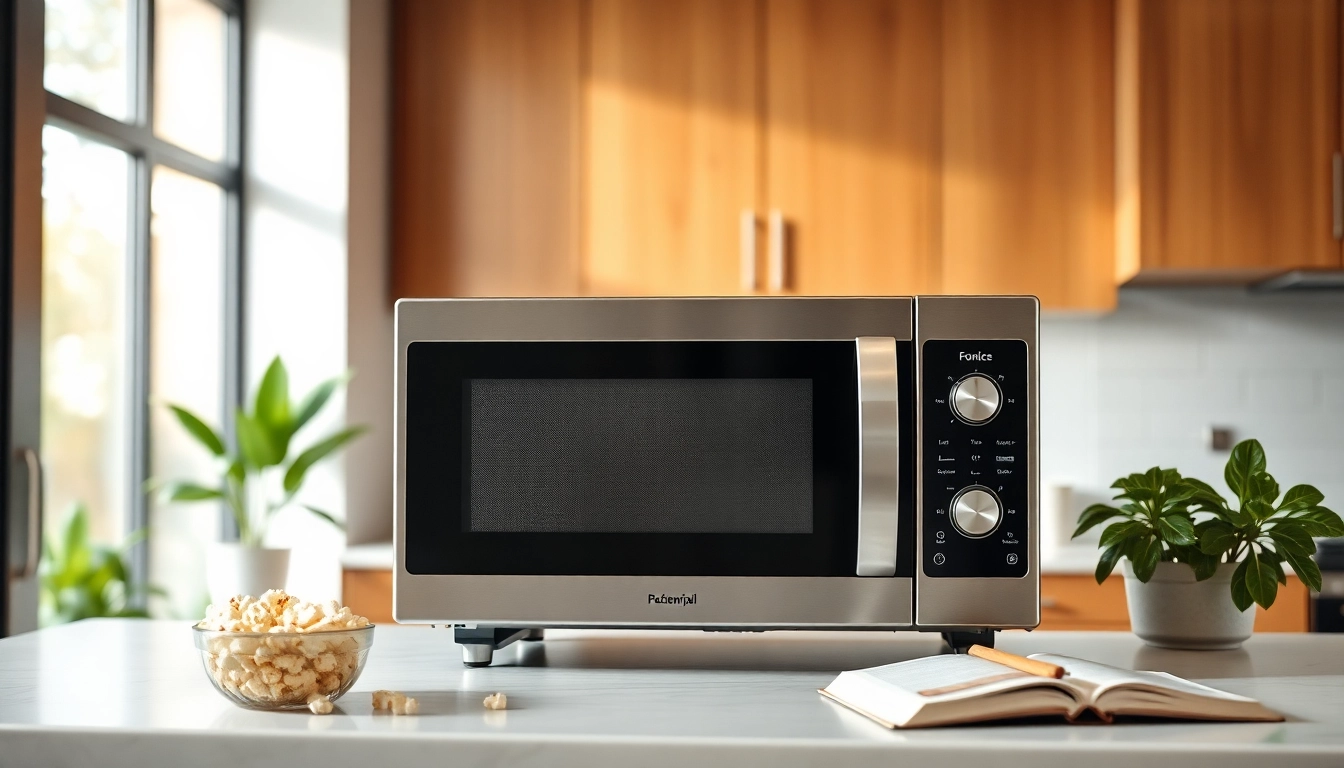 Effortlessly demonstrate the versatility of a microwave oven in a stylish kitchen.