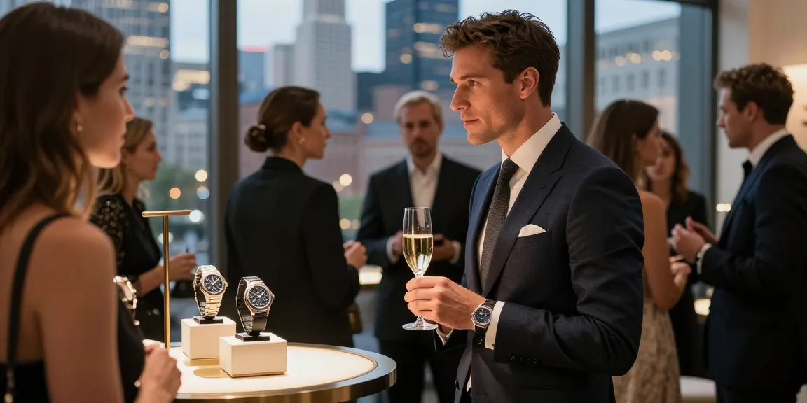Elegant man holding a glass of champagne while showcasing a luxury replica watch at a glamorous urban event.