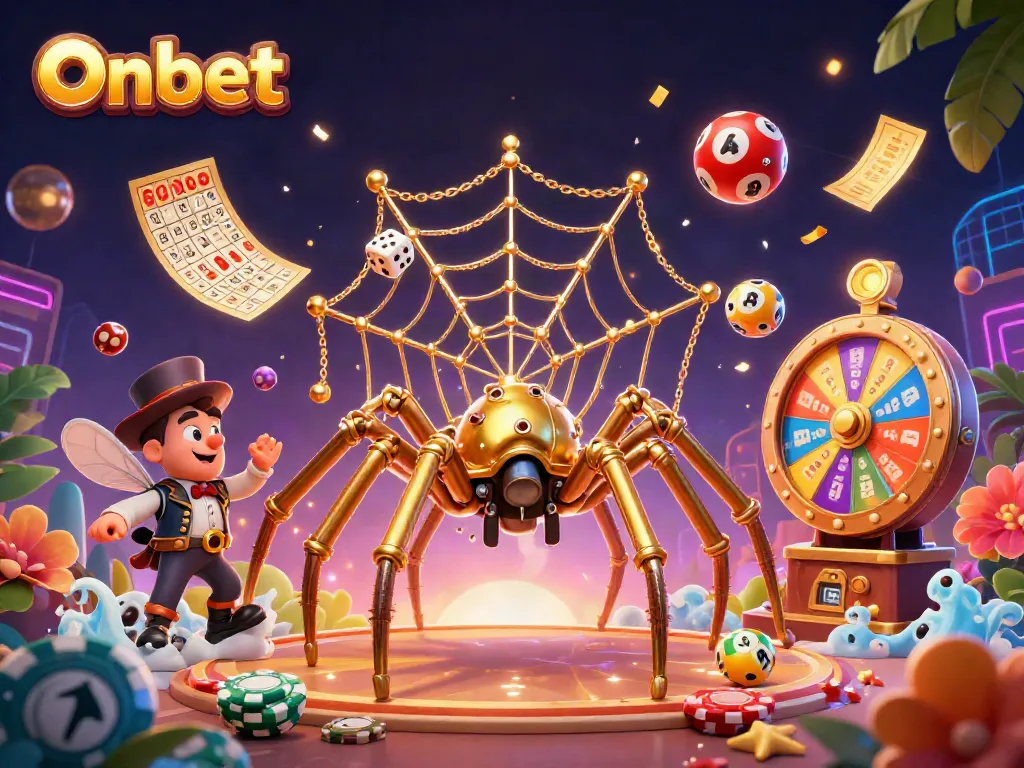 Engage in thrilling games at Onbet with dynamic scenes of lottery balls, prize wheels, and vintage characters.