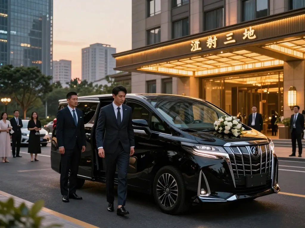 Cho thuê xe Toyota Alphard trong một không gian đô thị sang trọng với một doanh nhân phong cách và bối cảnh khách sạn thanh lịch.