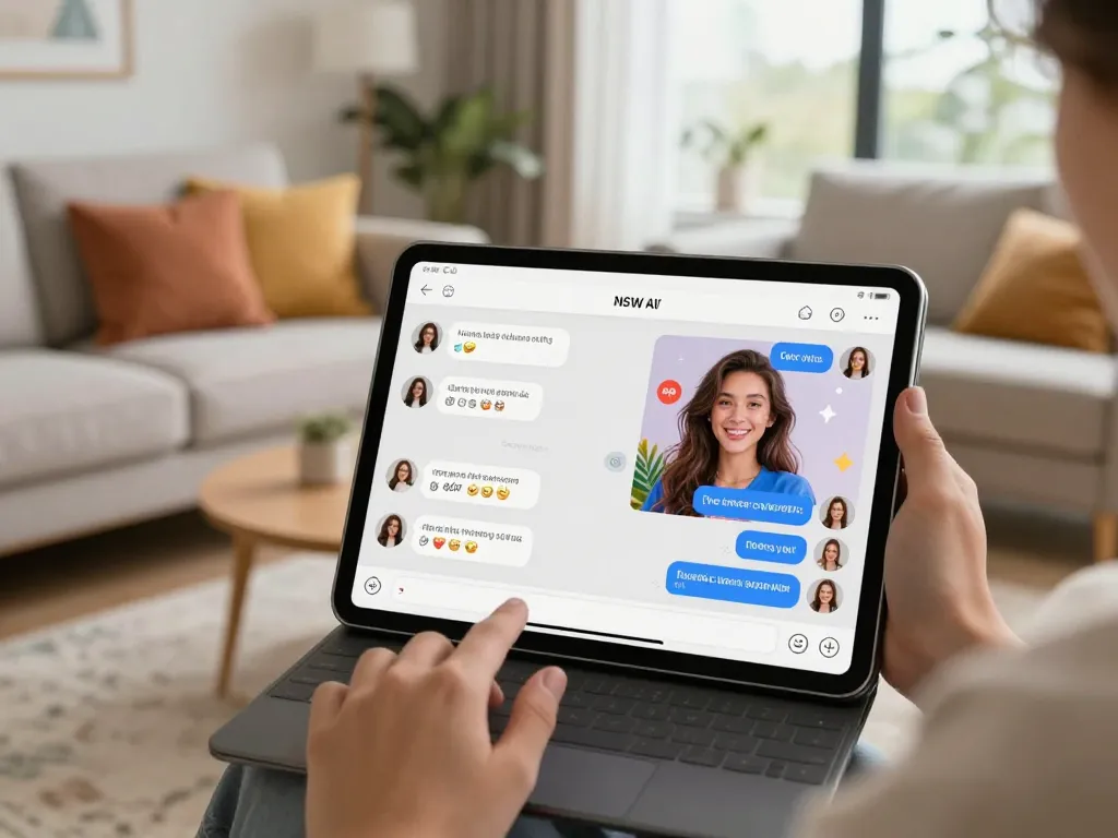 Engaging user exploring a sex chat AI on a tablet in a cozy living room.