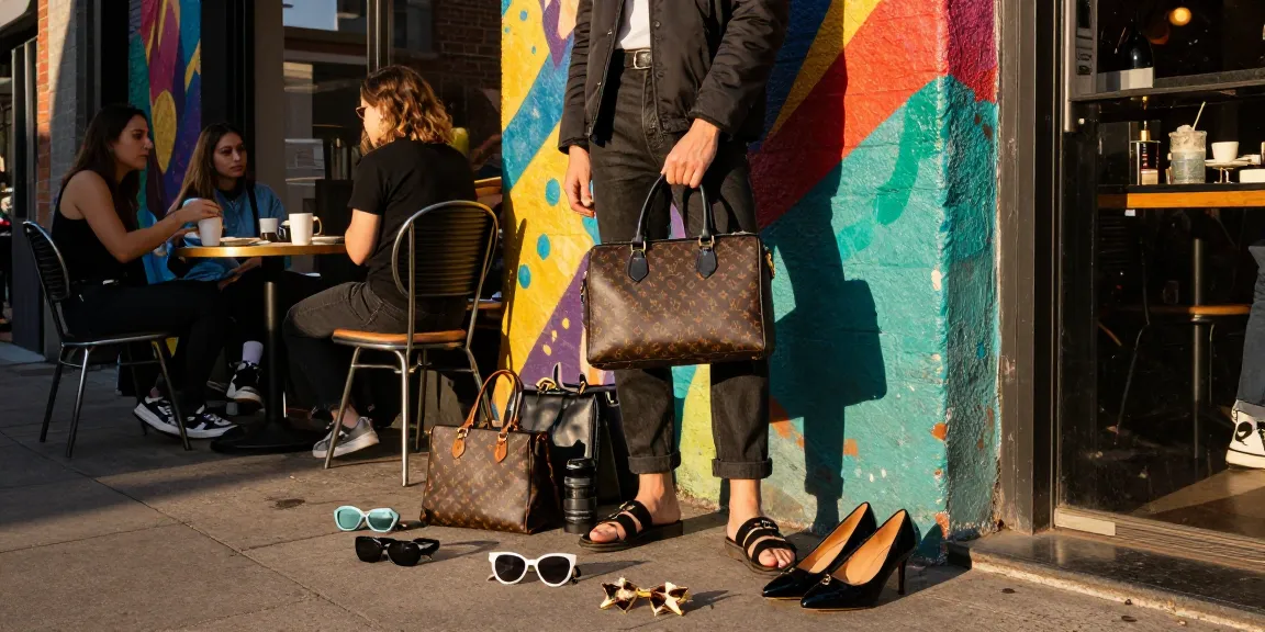 Stylish urban person showcasing 레플리카 fashion items against a vibrant mural.