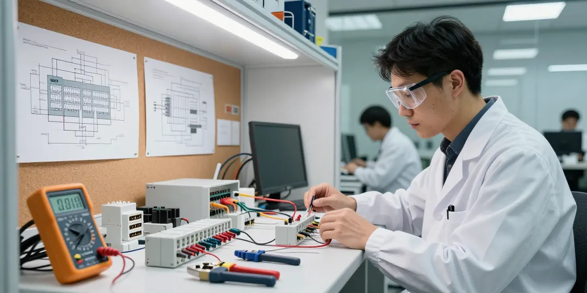 Engineer testing IEC connectors in a professional technology workspace with tools and schematics.