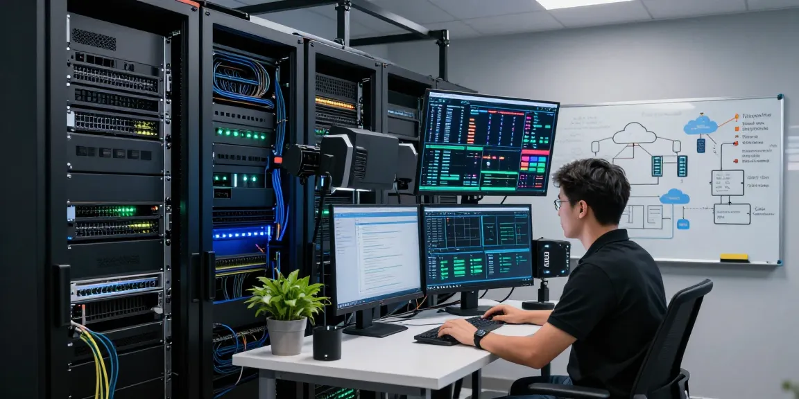 Configuración moderna de VPS hosting con servidor y equipo de red, monitorizando rendimiento.