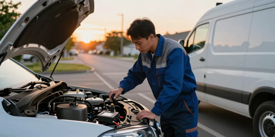 Technician addressing a diesel vehicle issue involving Adblue in diesel car by roadside during sunset.