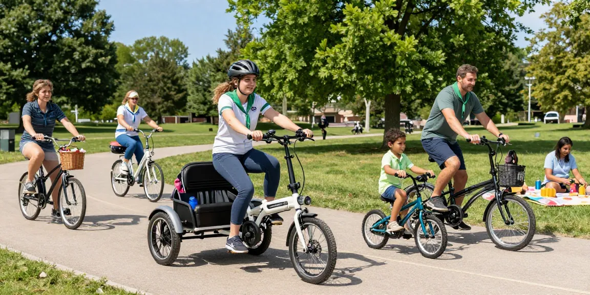 Enjoying tricycles in a sunny park setting with families and electric models.