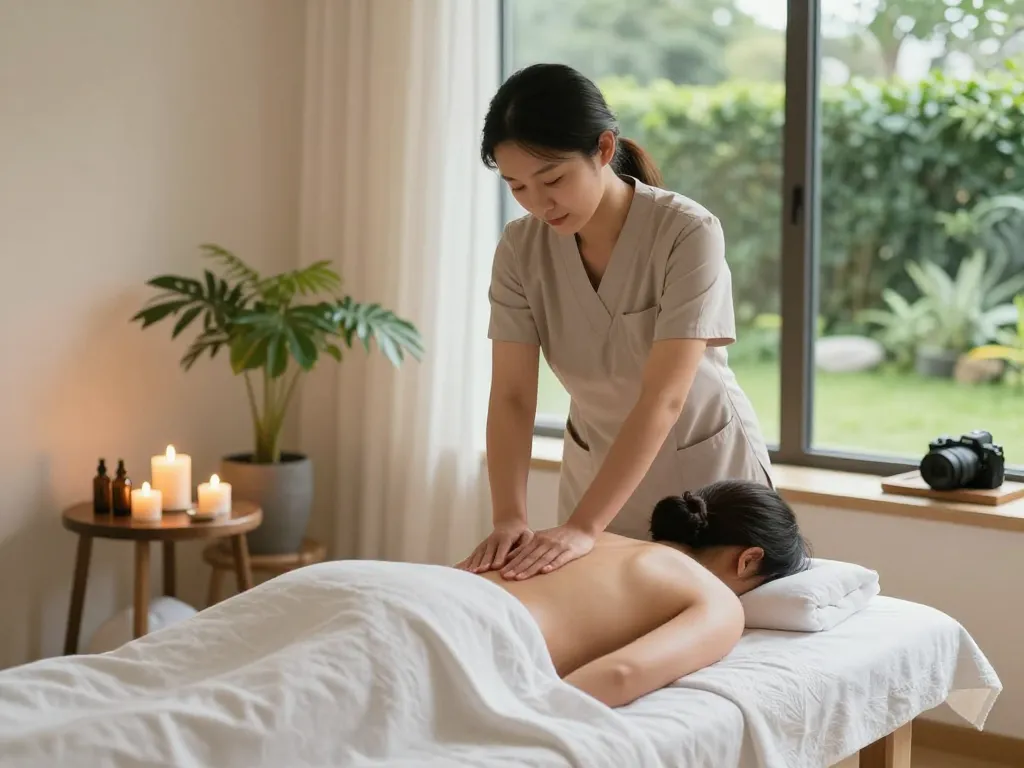 Relaxing scene of a therapist giving a Swedish massage in a tranquil spa environment, enhancing the experience of 서초스웨디시.