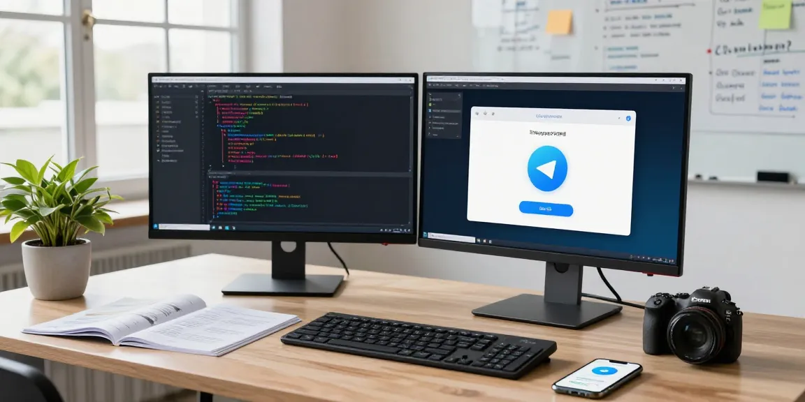 Developer using Telegram中文 interface in modern workspace, showcasing coding and communication tools.