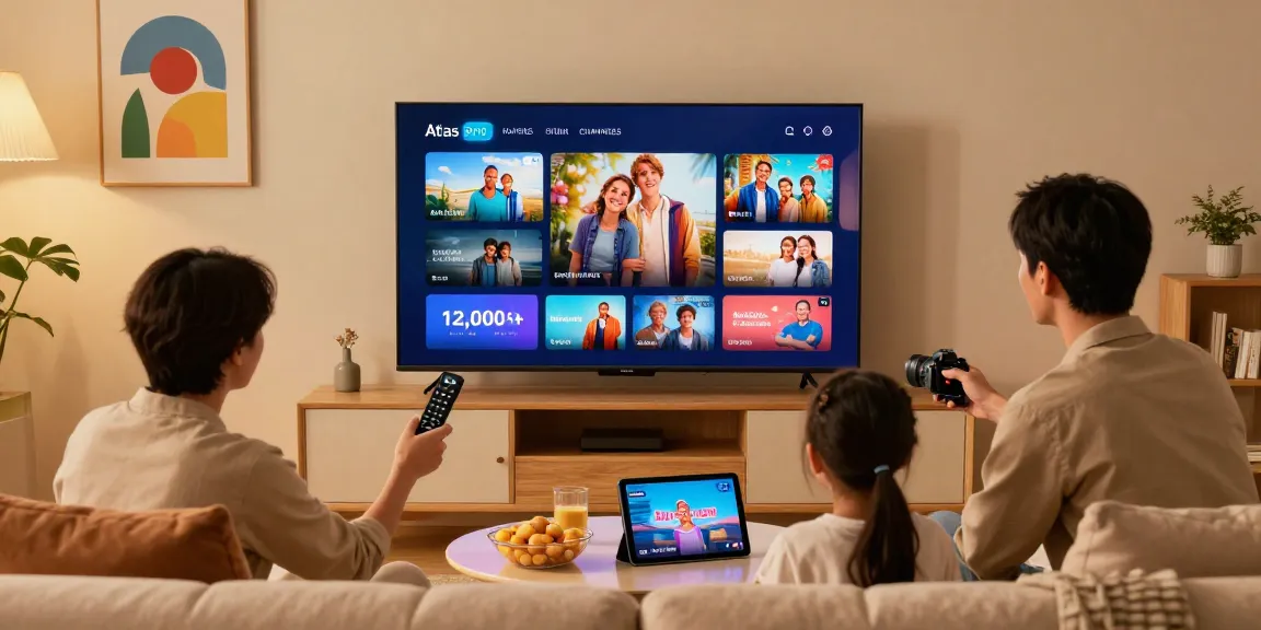 Famille profitant de la diffusion Atlas Pro ONTV sur une grande TV intelligente dans un salon confortable.