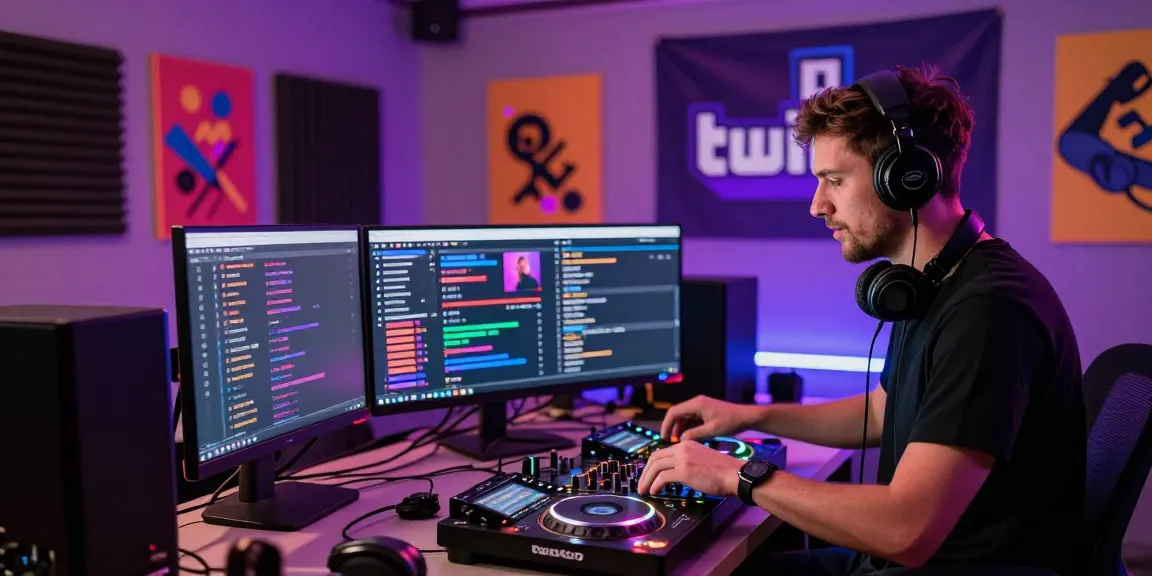 DJ performing live on Twitch, showcasing how to market a Twitch brand for musicians with vibrant visuals and audience engagement.