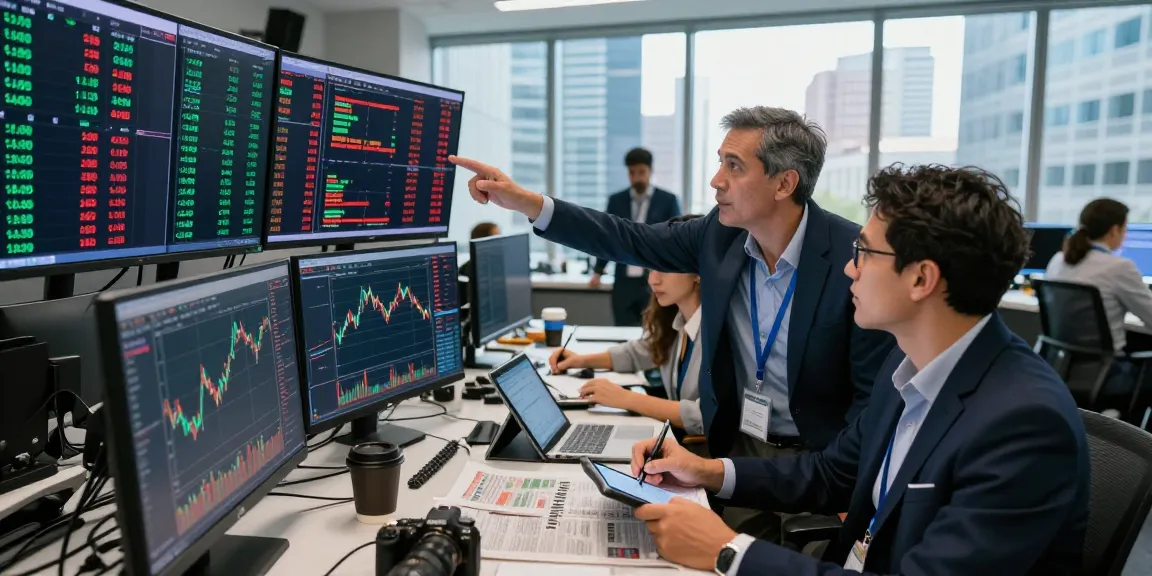 Traders analyzing stock market indices live on multiple screens in a bustling trading floor