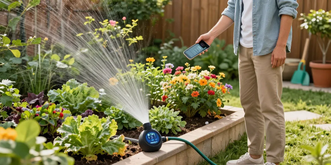 Homeowner using a rainpoint water timer in a blooming garden, ensuring optimal plant watering.