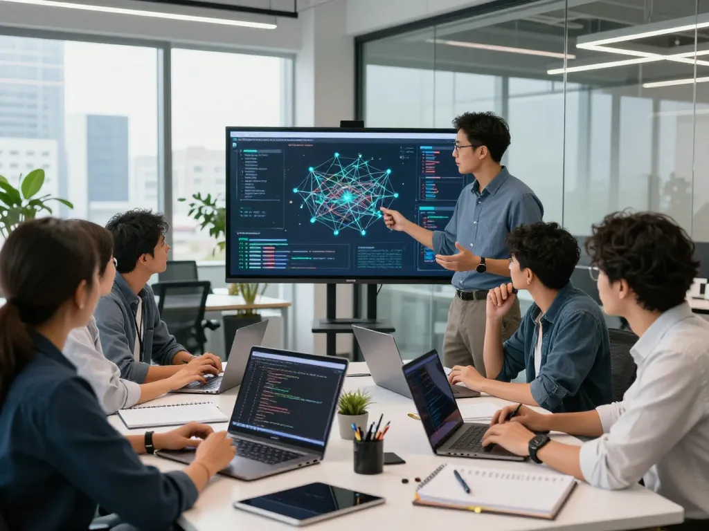 快连 professionals collaborating in a modern tech workspace, showcasing innovative networking solutions.