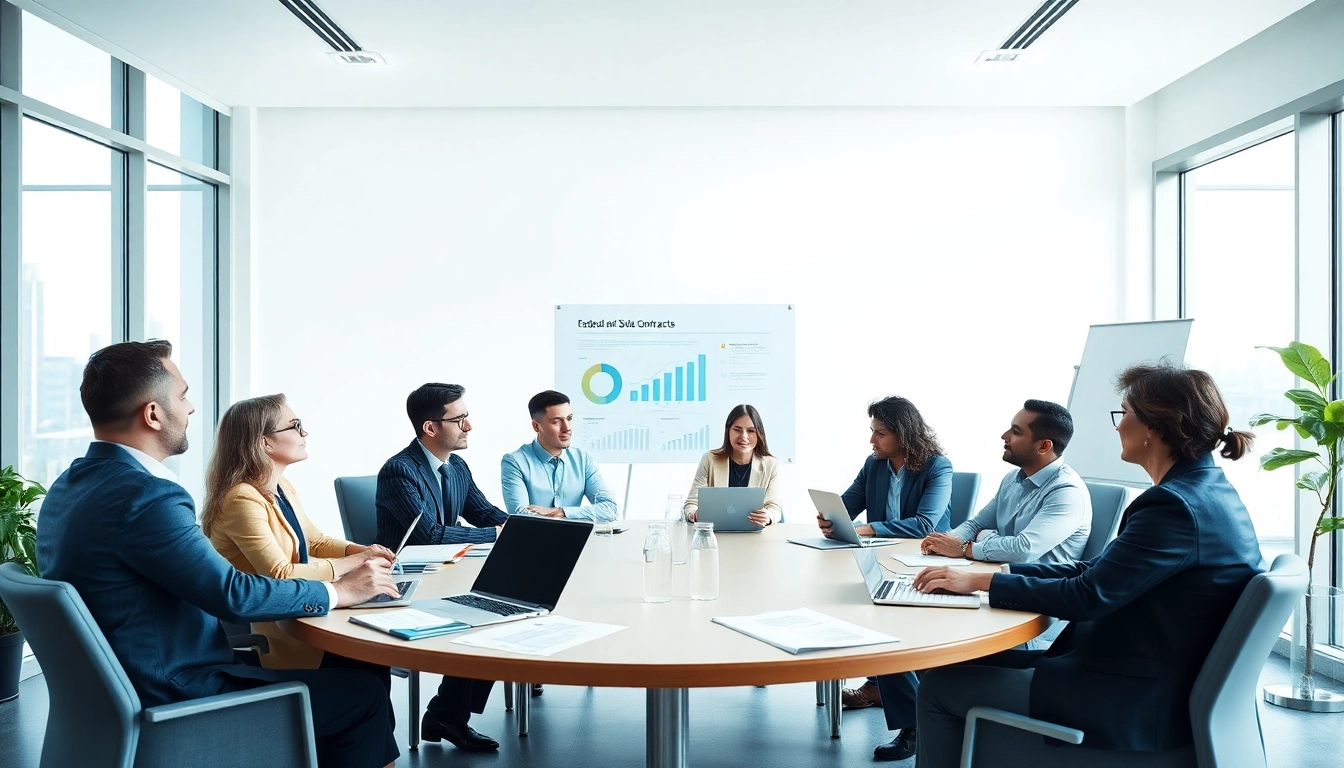 Team collaboration strategizing Federal and State contracts in a modern conference room.