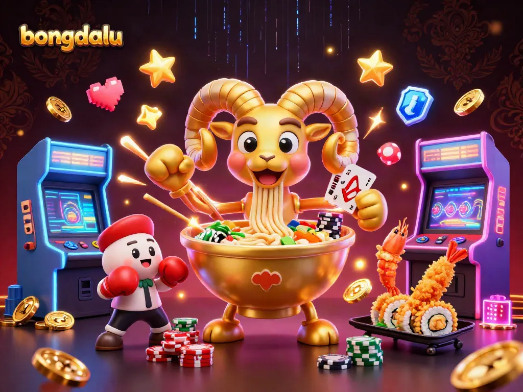 Bongdalu shines in the spotlight with a vibrant gambling scene featuring a golden ramen bowl dealer and sushi roll partners.