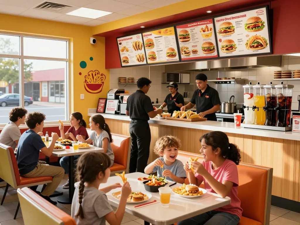 Engaging fast food menu scene showcasing vibrant restaurant atmosphere with families enjoying meals.