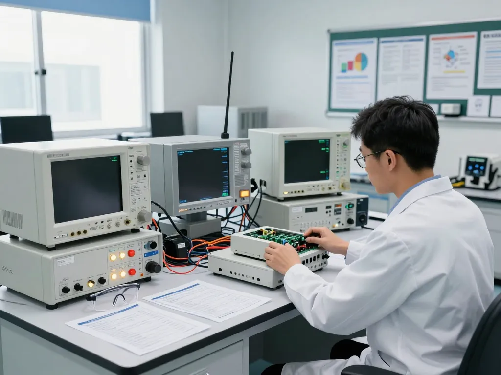 Engineer performing FCC certification testing in a modern lab setting with advanced equipment.