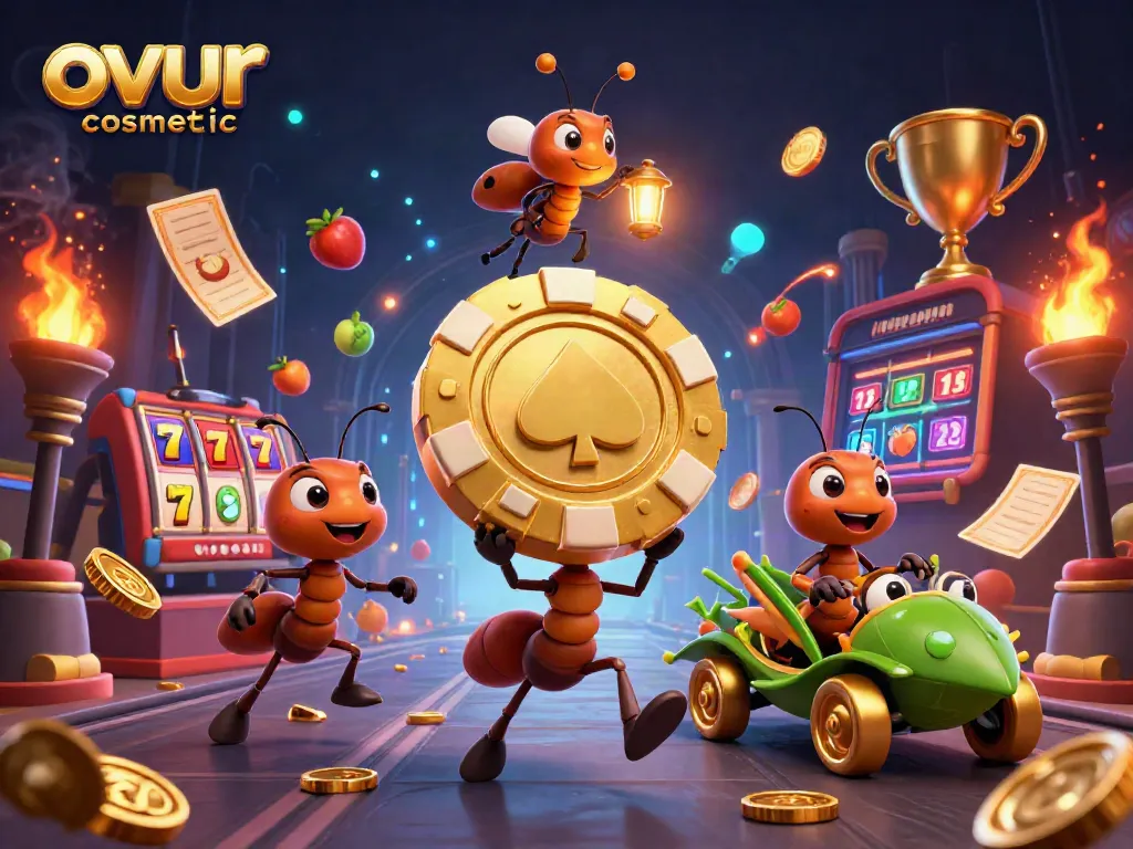 Engaging scene with the ovur cosmetic theme, showcasing ants and casino elements in a vibrant heist.