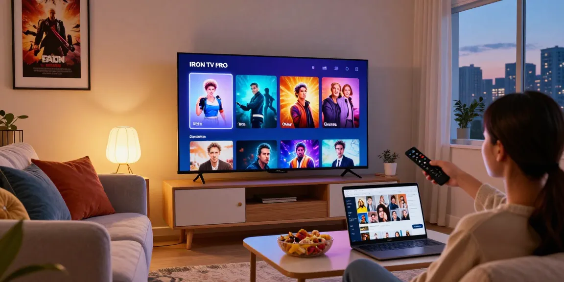 Utilisateur profitant de l'interface de l'application IRON TV PRO dans un salon confortable