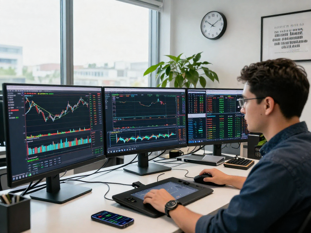 使用metatrader 5的交易员在现代金融办公室专注交易，显示市场深度和经济日历。