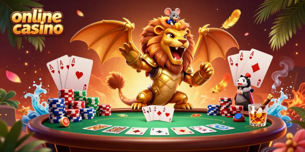 Juego emocionante en un casino en línea con criaturas míticas y fichas de póker brillantes.