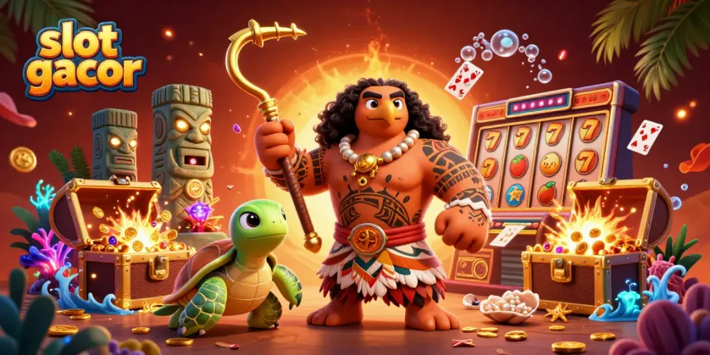 Slot gacor menampilkan dewa Maui bertarung mendapatkan jackpot dengan simbol keberuntungan dan harta karun untuk pemain.