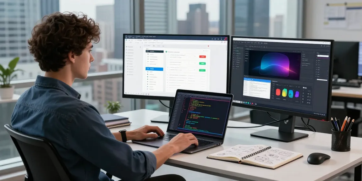 Developer using a responsive checker tool in a modern workspace, showcasing screen sizes and code.