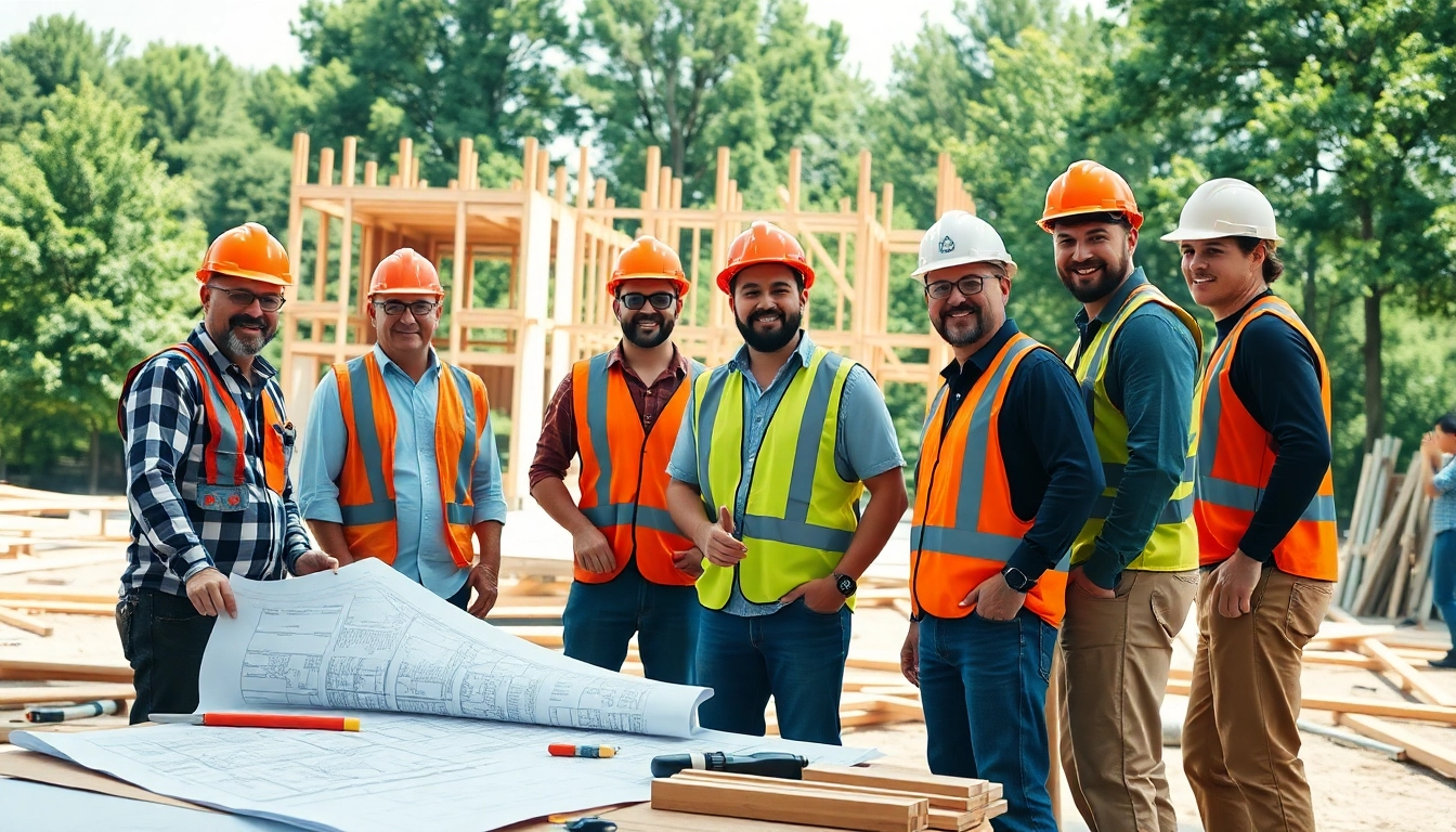 Team collaboration on a Carolinas construction site with blueprints and equipment.