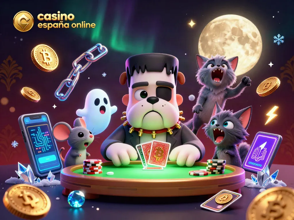 Juega en casino España online con una ilustración de un bulldog Frankenstein y un gatito lobo en una mesa de póker.