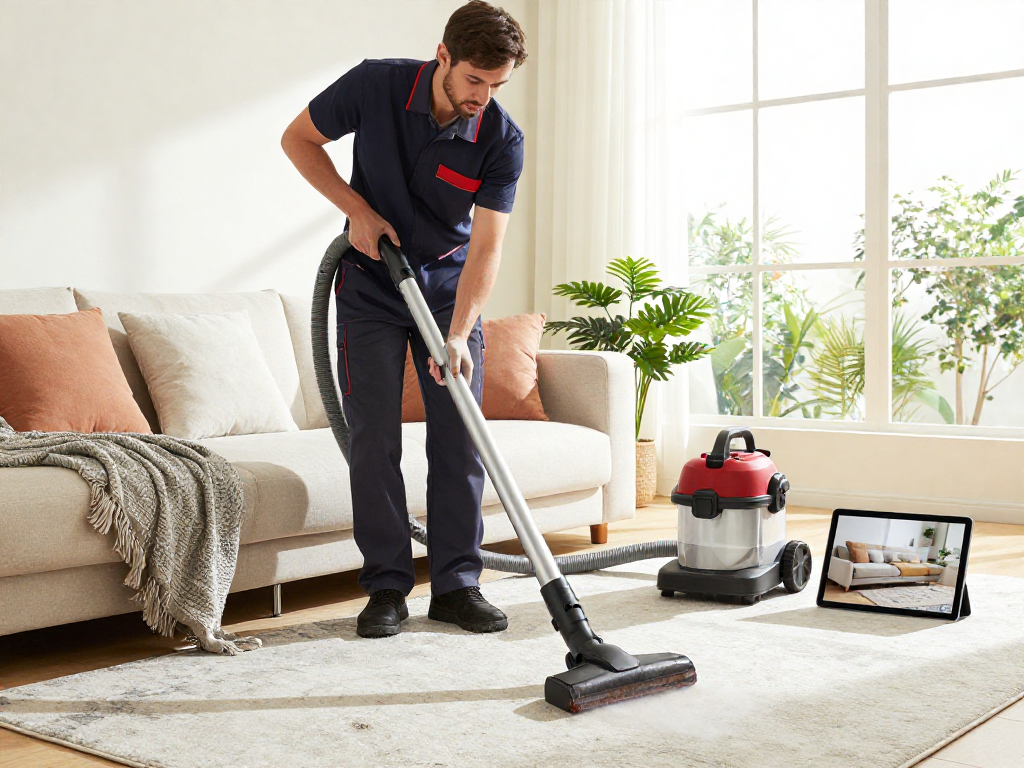 Usługa prania tapicerki panda-cleaner.pl w nowoczesnym salonie, technik używa maszyny czyszczącej na jasnej sofie.