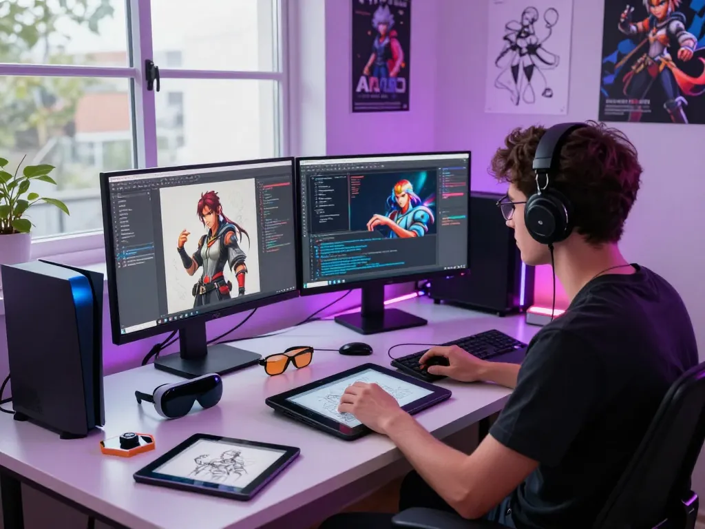 Creative workspace with NSFW AI character designs showcased on monitors, highlighting innovative tech.